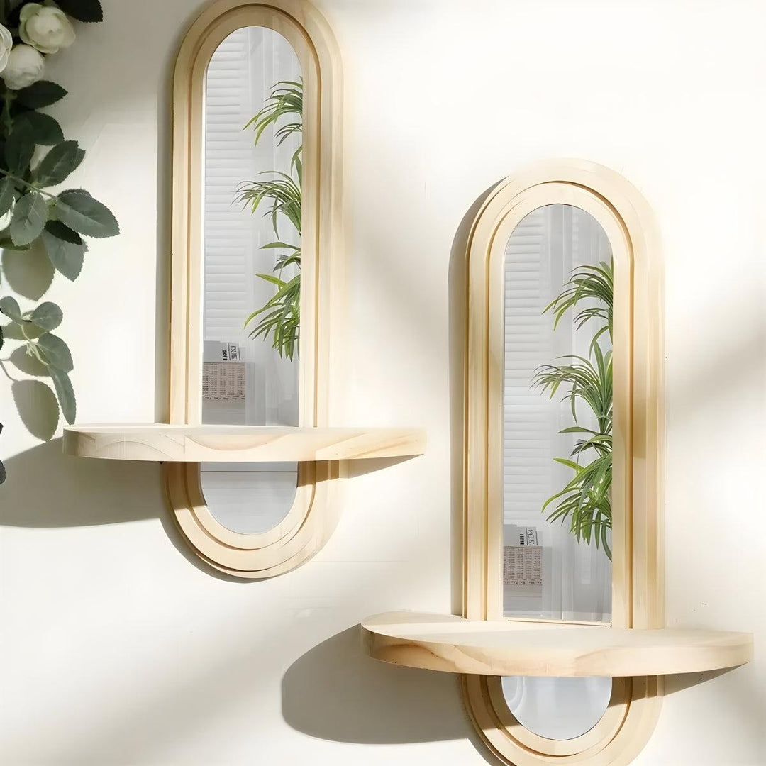 Arched Wall Mirror With Integrated Floating Wooden Display Shelf