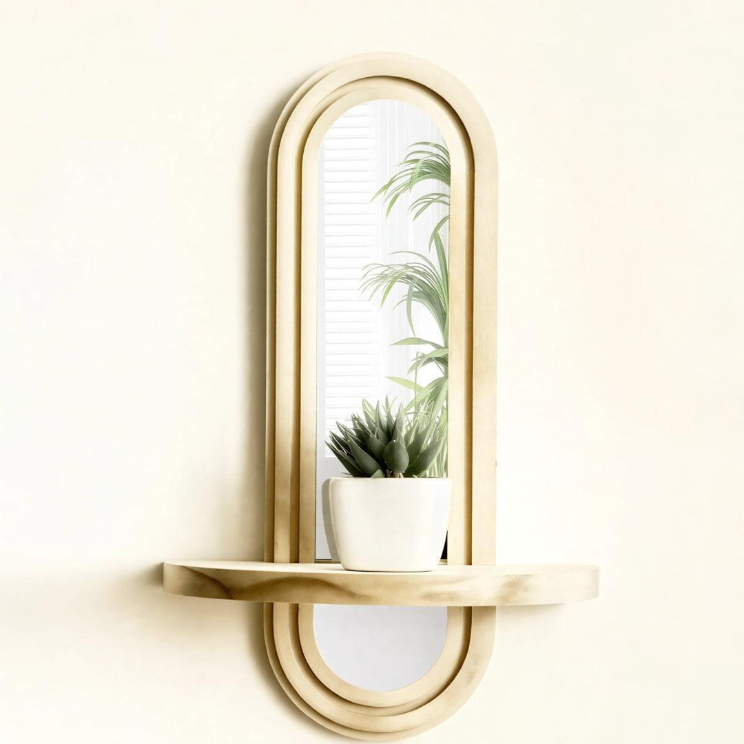 Arched Wall Mirror With Integrated Floating Wooden Display Shelf