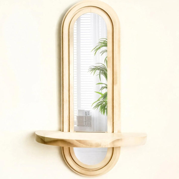Arched Wall Mirror With Integrated Floating Wooden Display Shelf