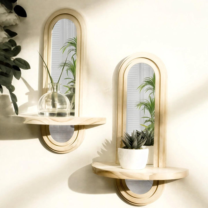 Arched Wall Mirror With Integrated Floating Wooden Display Shelf