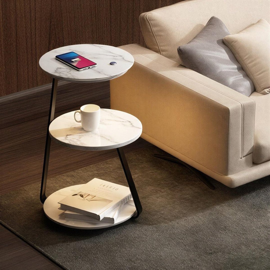 Bedside Nightstand Table With Integrated Lamp And Double Tiered Storage