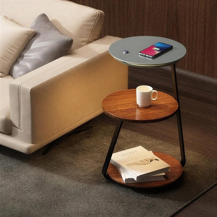 Bedside Nightstand Table With Integrated Lamp And Double Tiered Storage