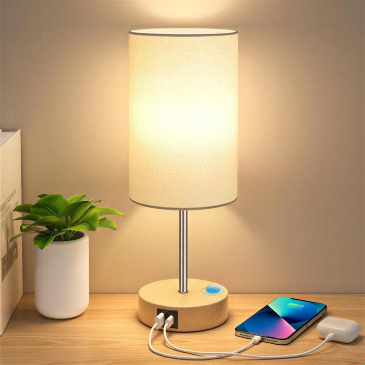 Bedside Table Lamp With Charging Ports And Dimmable Lighting With Touch Control