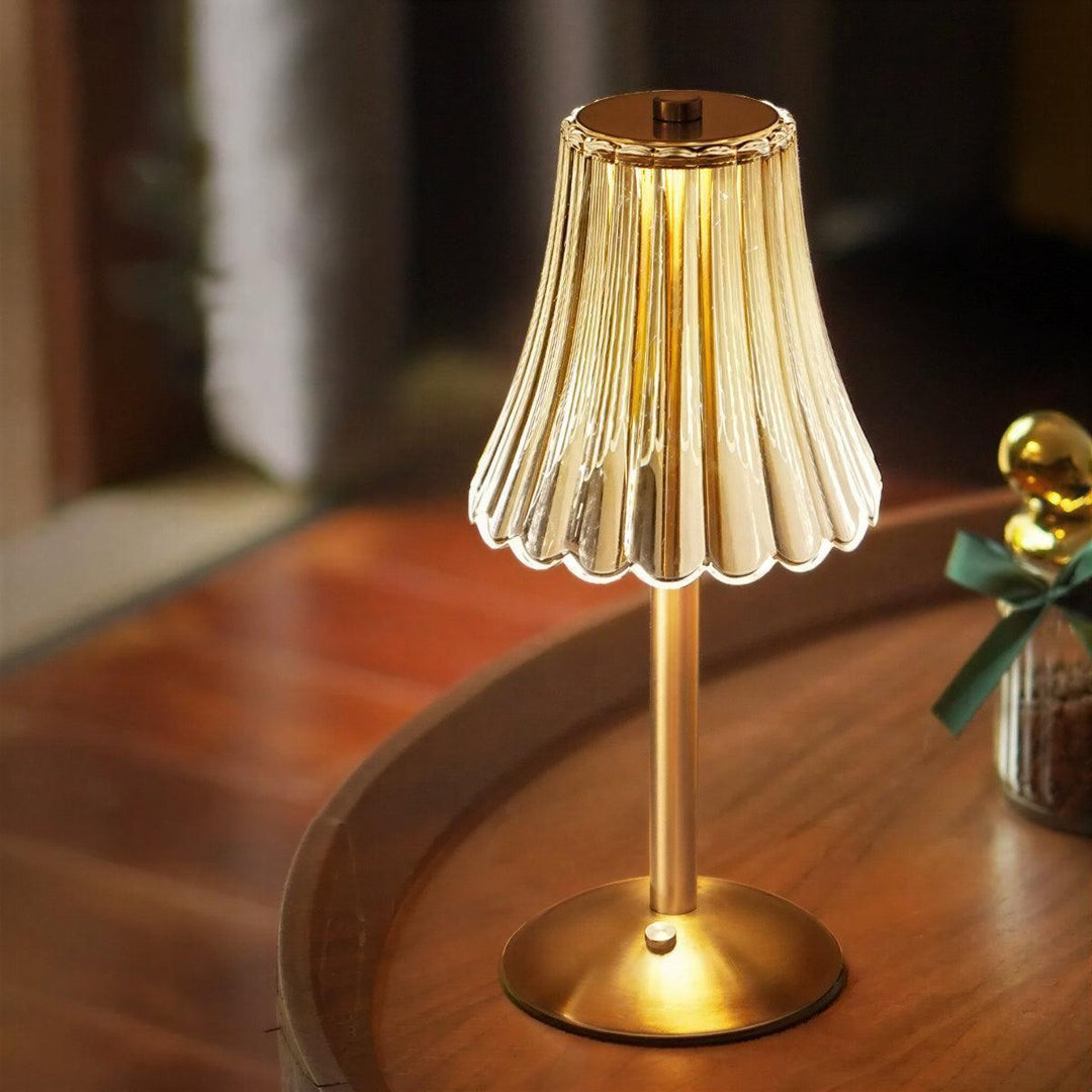Cordless Rechargeable Dimmable Crystal Table Lamp With Ribbed Shade Illumination