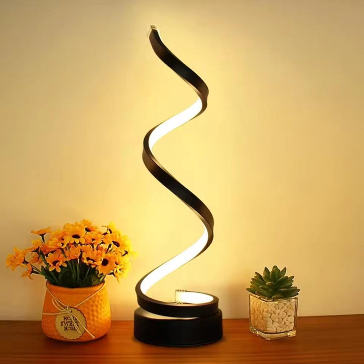 Curvy Table Lamp With Modern Sculptural Spiral And Dimmable Lighting