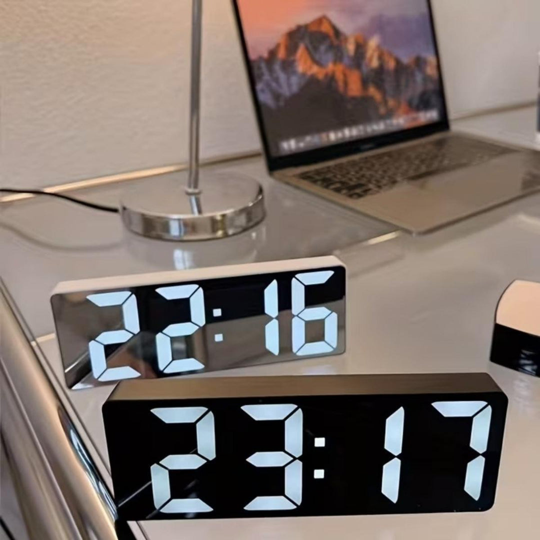 Digital Bedside Alarm Clock With Glass Mirrored Screen Design