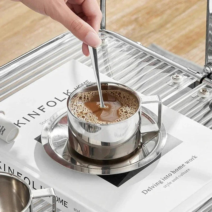 Double Wall Stainless Steel Insulated Coffee Cup Set With Saucer And Matching Stirring Spoon