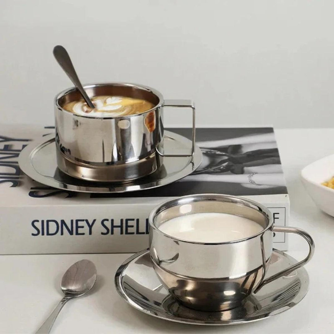 Double Wall Stainless Steel Insulated Coffee Cup Set With Saucer And Matching Stirring Spoon