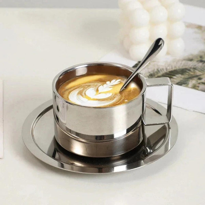 Double Wall Stainless Steel Insulated Coffee Cup Set With Saucer And Matching Stirring Spoon