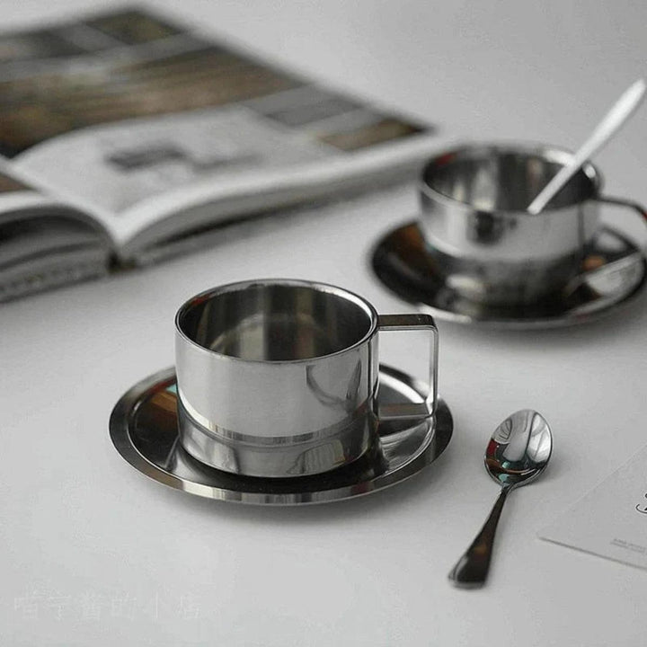 Double Wall Stainless Steel Insulated Coffee Cup Set With Saucer And Matching Stirring Spoon