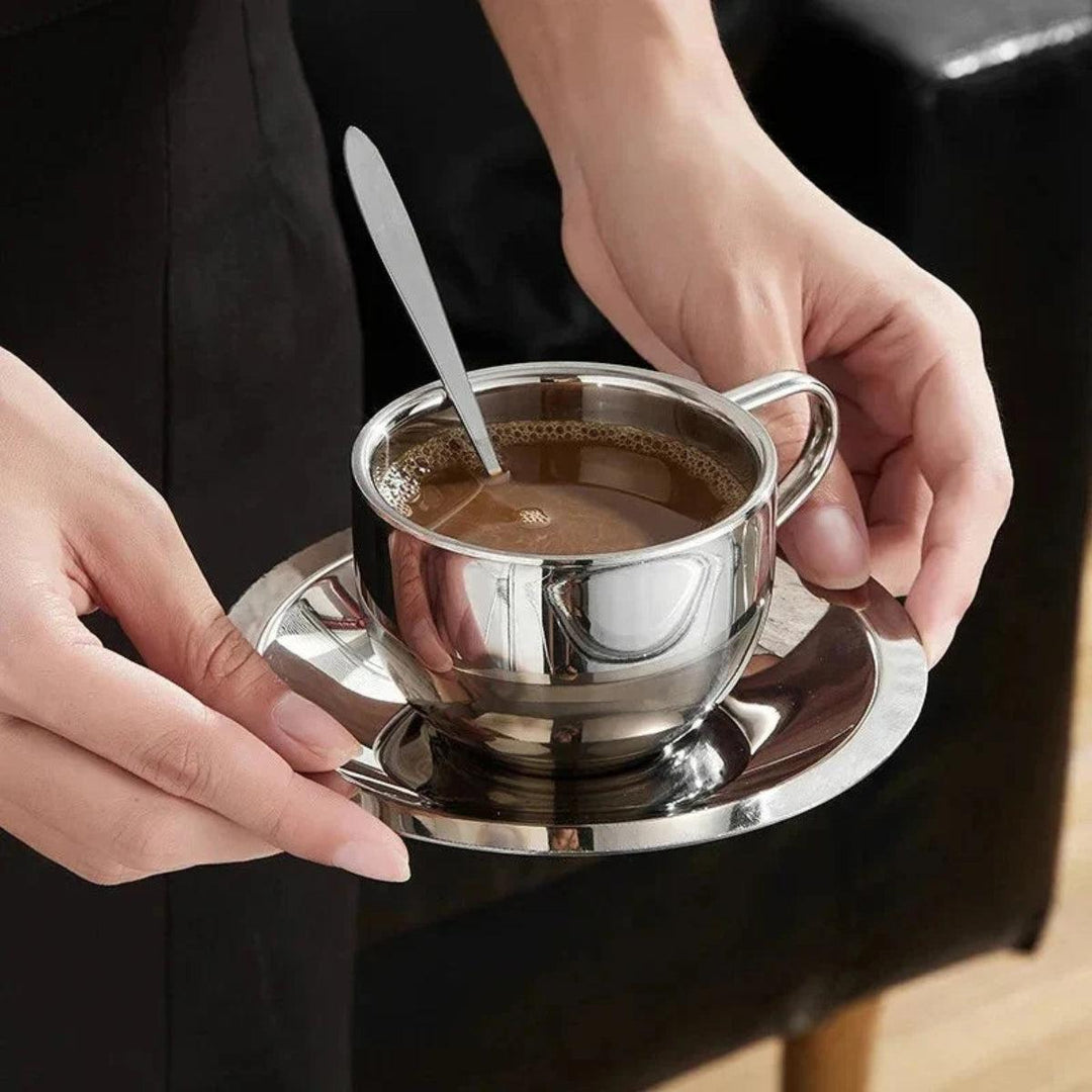 Double Wall Stainless Steel Insulated Coffee Cup Set With Saucer And Matching Stirring Spoon
