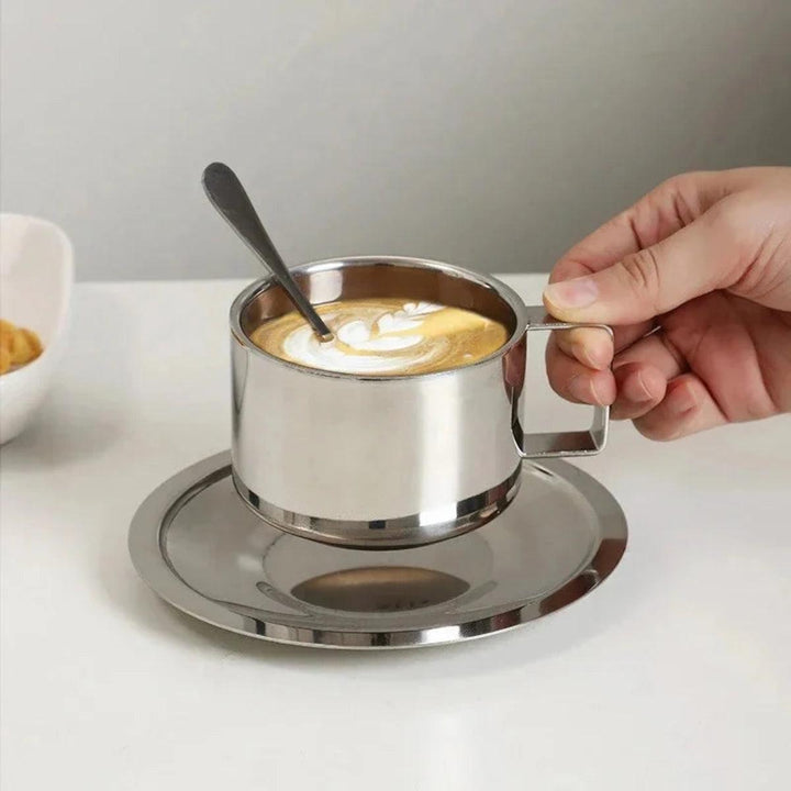 Double Wall Stainless Steel Insulated Coffee Cup Set With Saucer And Matching Stirring Spoon