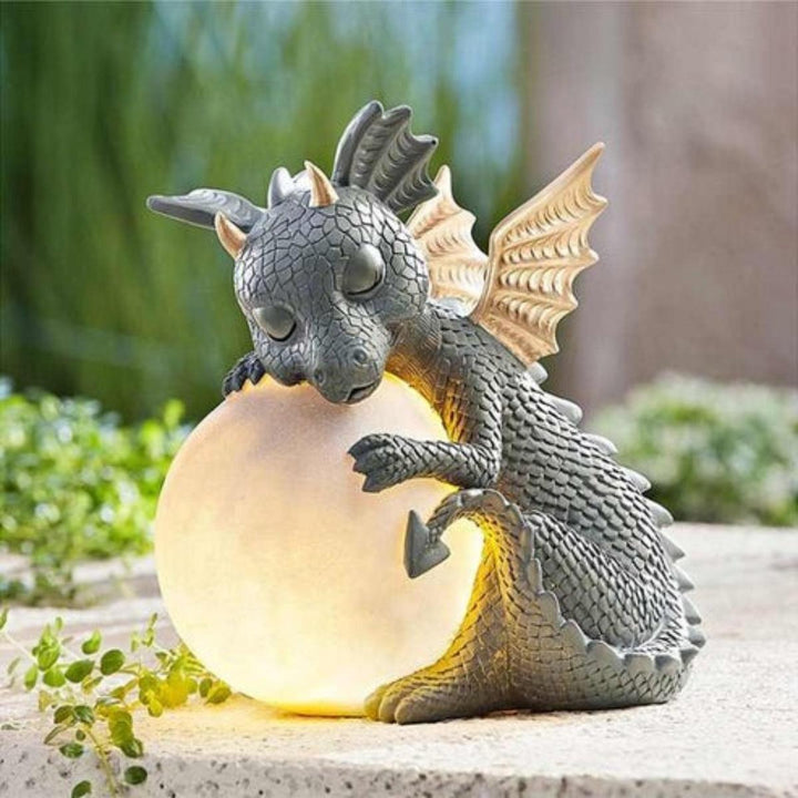 Dragon Garden Statue With Glowing Globe Orb For Outdoor Decor
