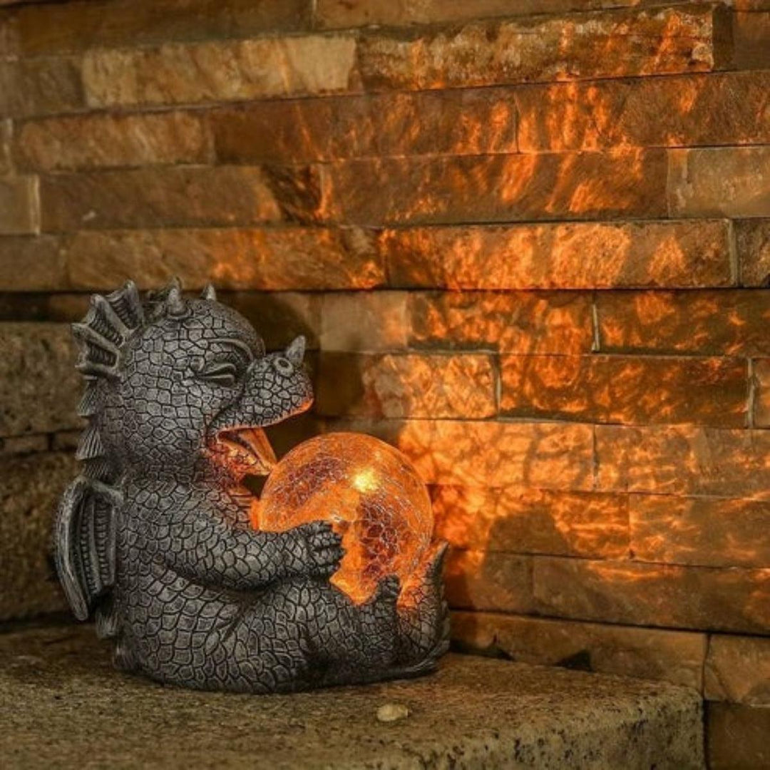 Dragon Garden Statue With Glowing Globe Orb For Outdoor Decor
