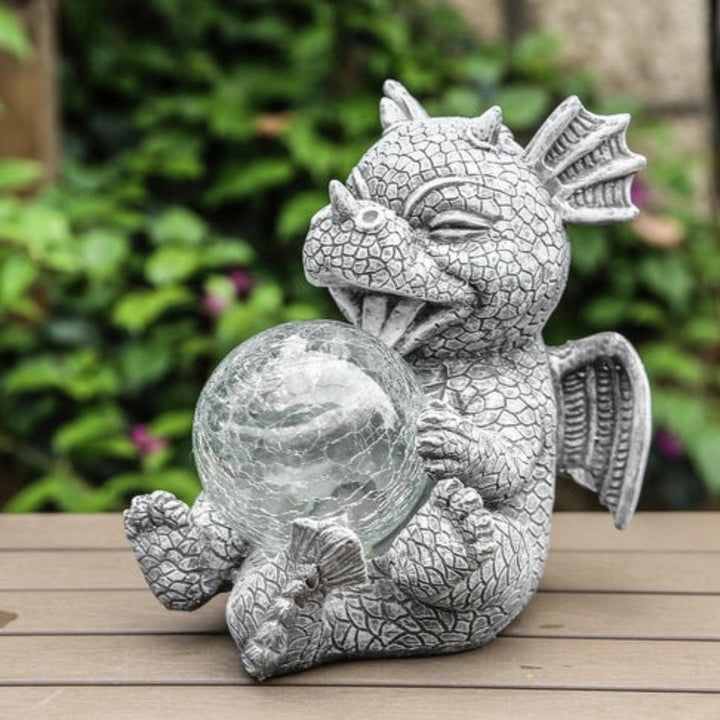 Dragon Garden Statue With Glowing Globe Orb For Outdoor Decor