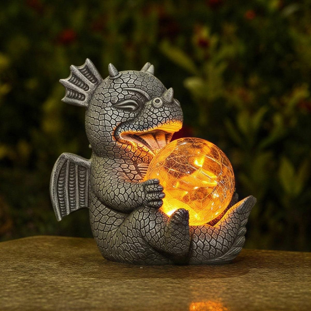 Dragon Garden Statue With Glowing Globe Orb For Outdoor Decor