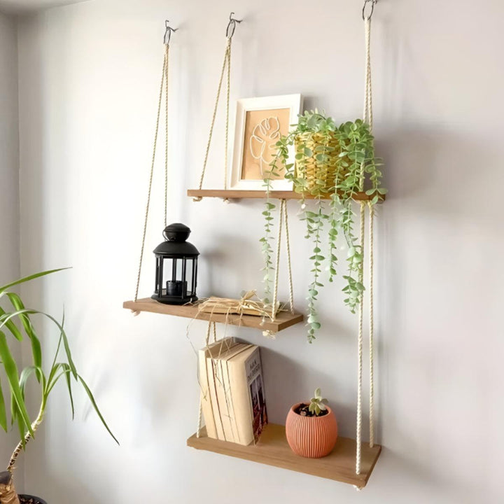 Floating Hanging Wall Mounted Shelves With Wooden Design