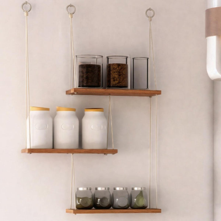 Floating Hanging Wall Mounted Shelves With Wooden Design