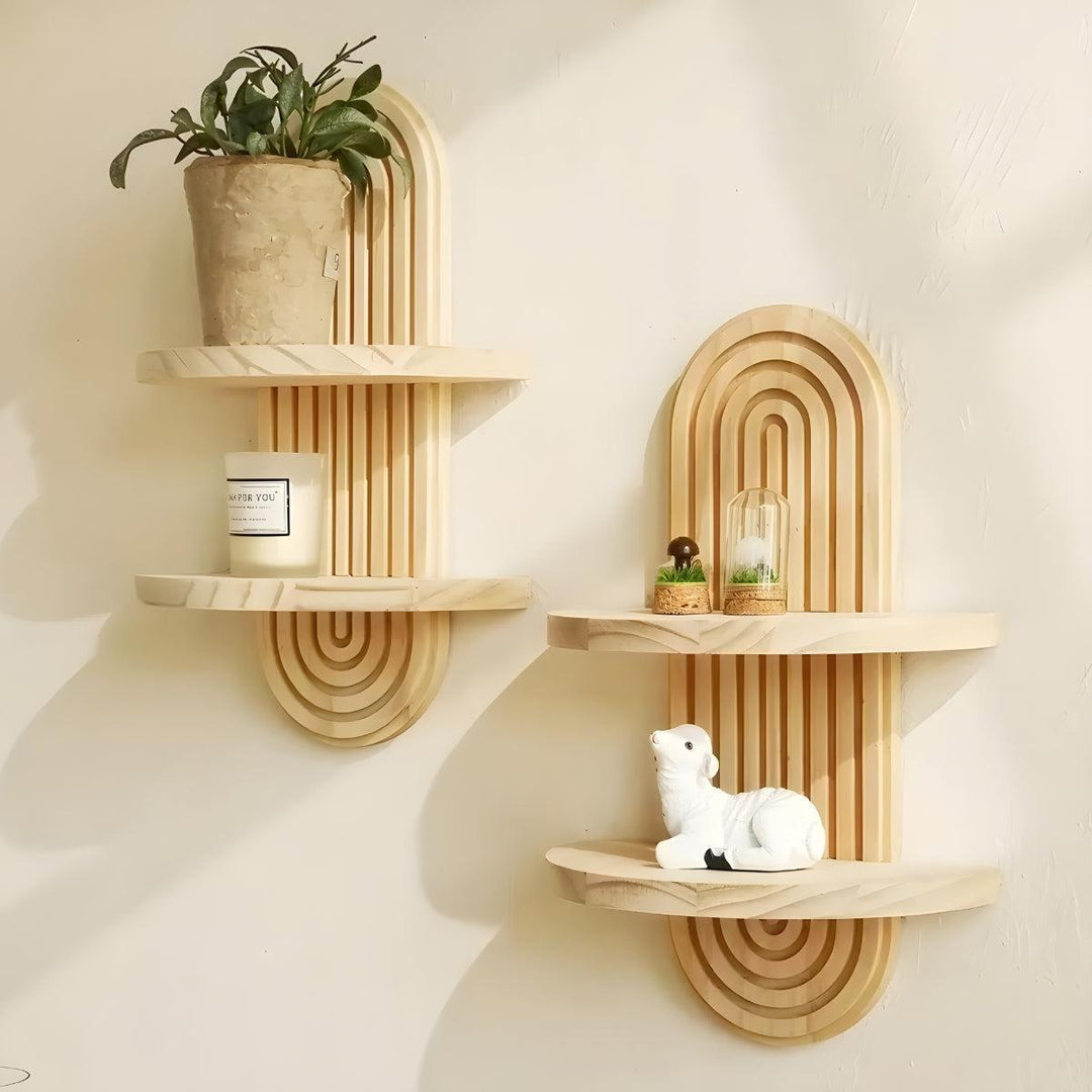 Floating Wall Mounted Shelves With Arched Architectural Wooden Design For Home Decor