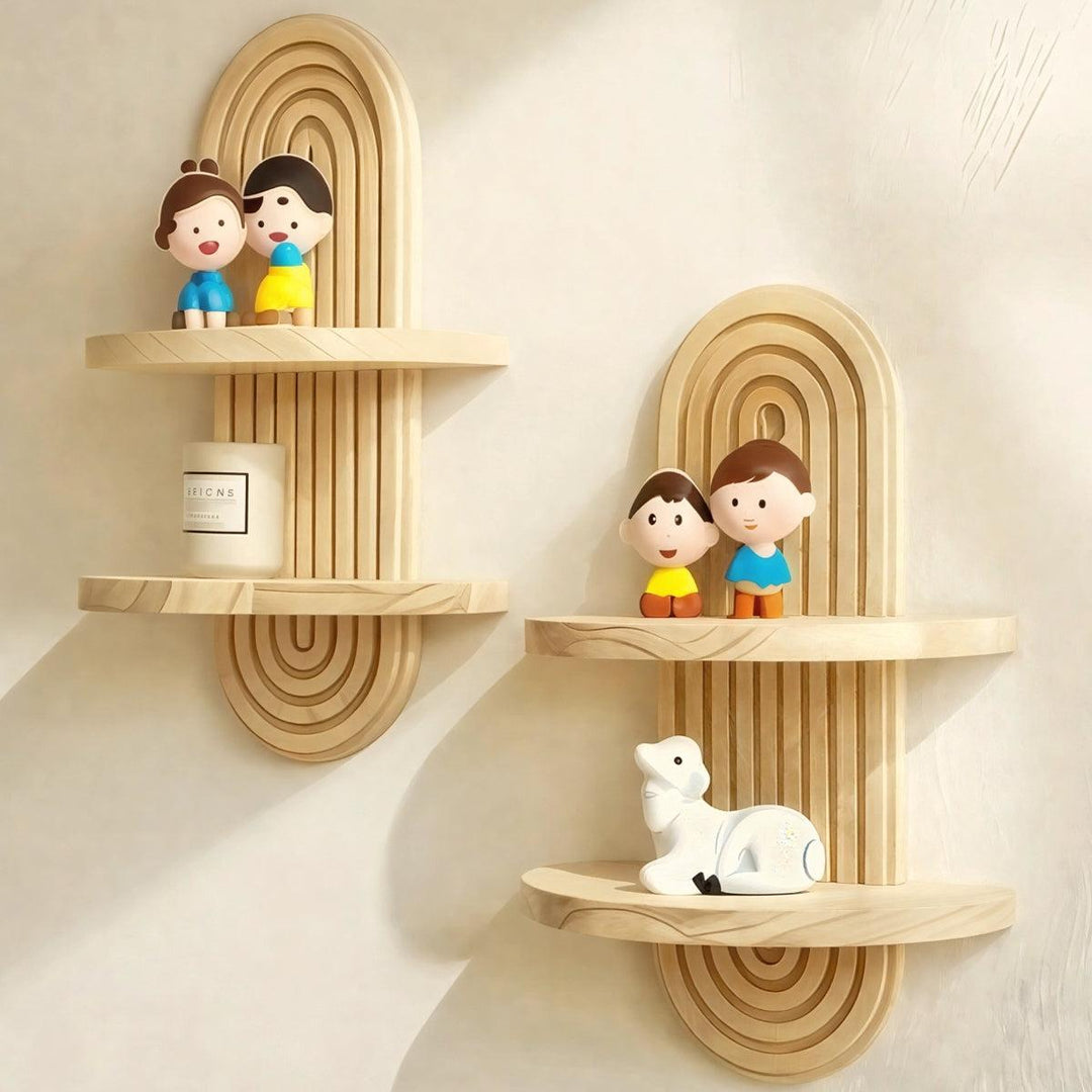 Floating Wall Mounted Shelves With Arched Architectural Wooden Design For Home Decor