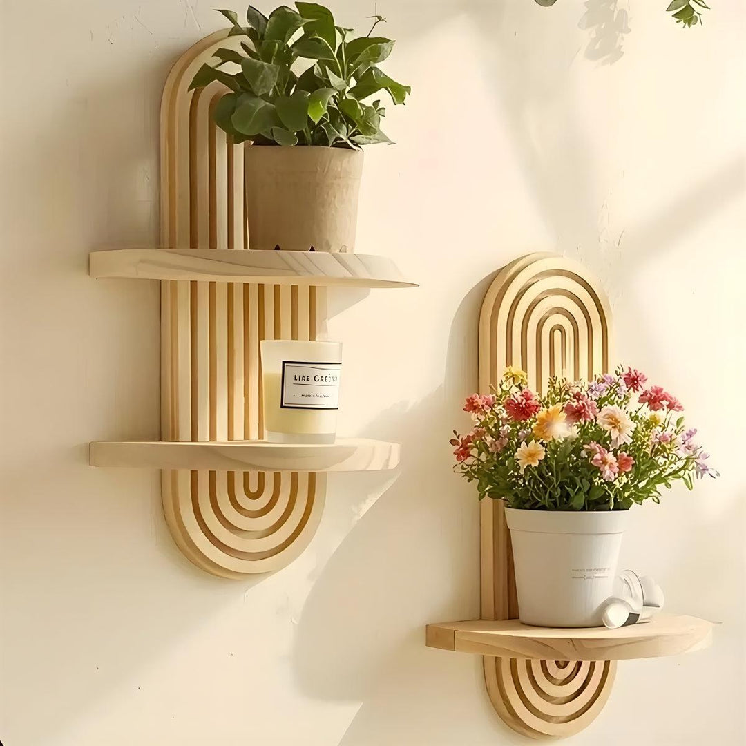Floating Wall Mounted Shelves With Arched Architectural Wooden Design For Home Decor