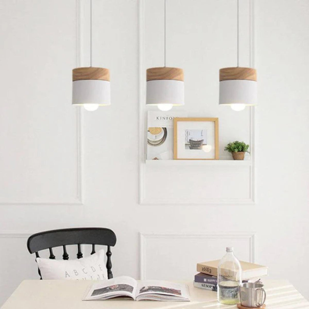 Hanging Pendant Light With Stylish Contemporary Cylindrical Design And Wooden Base