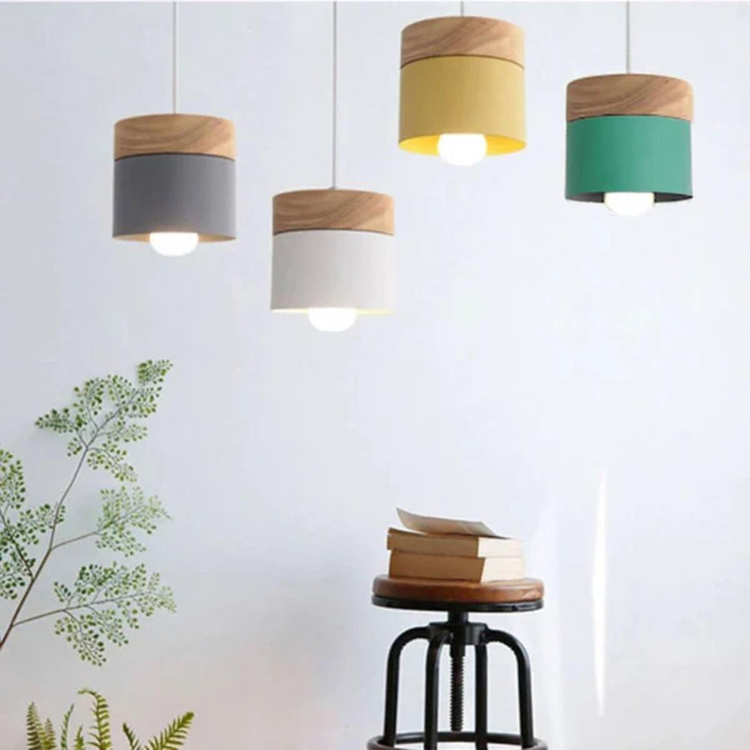 Hanging Pendant Light With Stylish Contemporary Cylindrical Design And Wooden Base