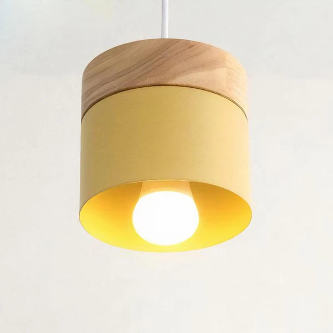 Hanging Pendant Light With Stylish Contemporary Cylindrical Design And Wooden Base