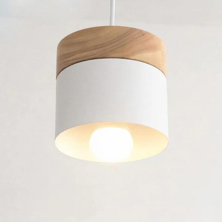 Hanging Pendant Light With Stylish Contemporary Cylindrical Design And Wooden Base