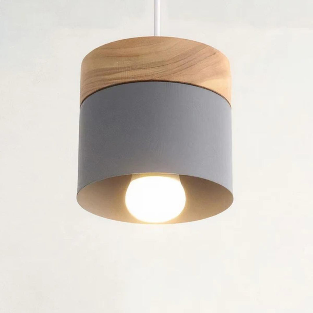 Hanging Pendant Light With Stylish Contemporary Cylindrical Design And Wooden Base