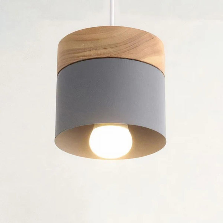 Hanging Pendant Light With Stylish Contemporary Cylindrical Design And Wooden Base
