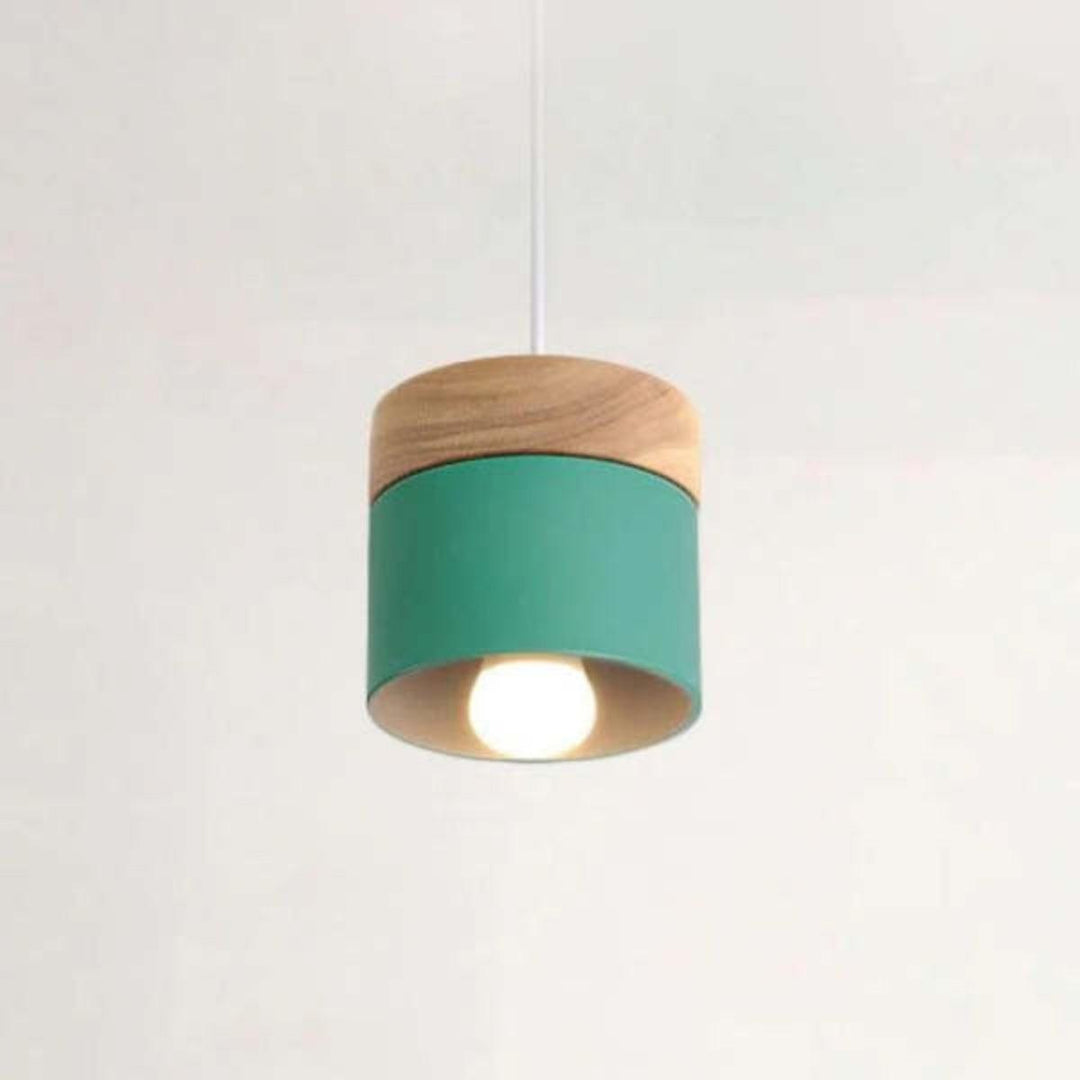 Hanging Pendant Light With Stylish Contemporary Cylindrical Design And Wooden Base
