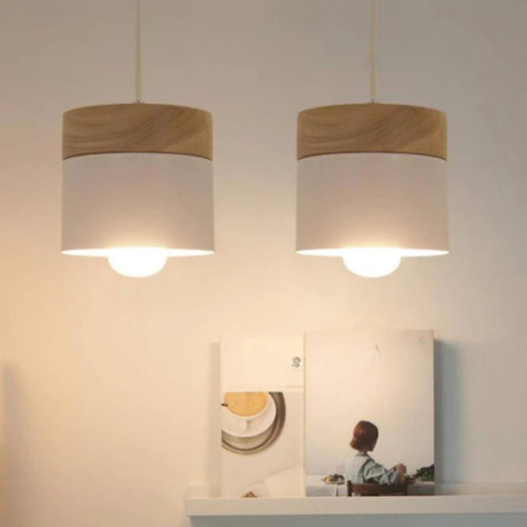 Hanging Pendant Light With Stylish Contemporary Cylindrical Design And Wooden Base