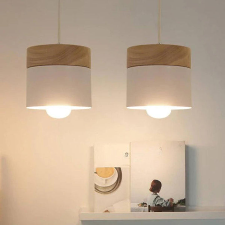Hanging Pendant Light With Stylish Contemporary Cylindrical Design And Wooden Base