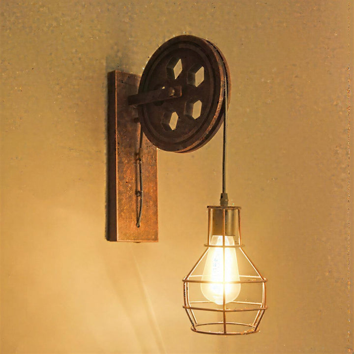 Industrial Retro Wall Light With Decorative Pulley Design