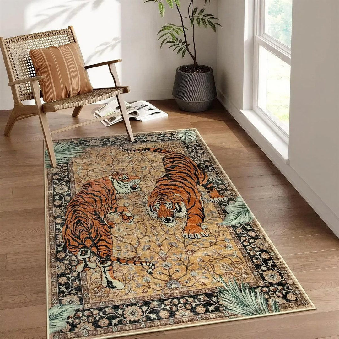 Machine Washable Tiger Botanical Living Room Rug