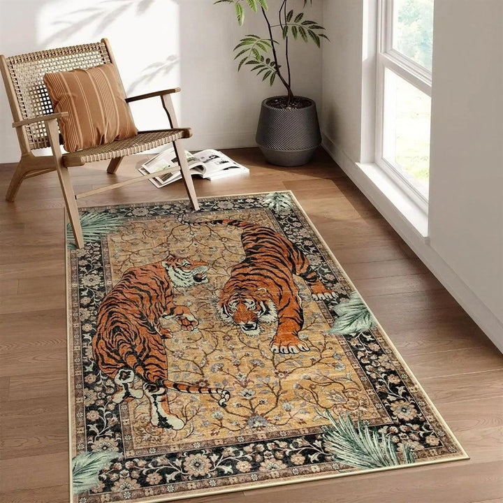 Machine Washable Tiger Botanical Living Room Rug