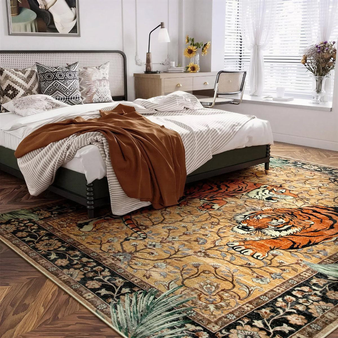 Machine Washable Tiger Botanical Living Room Rug