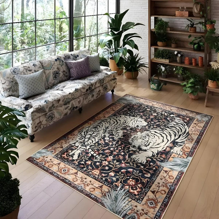 Machine Washable Tiger Botanical Living Room Rug