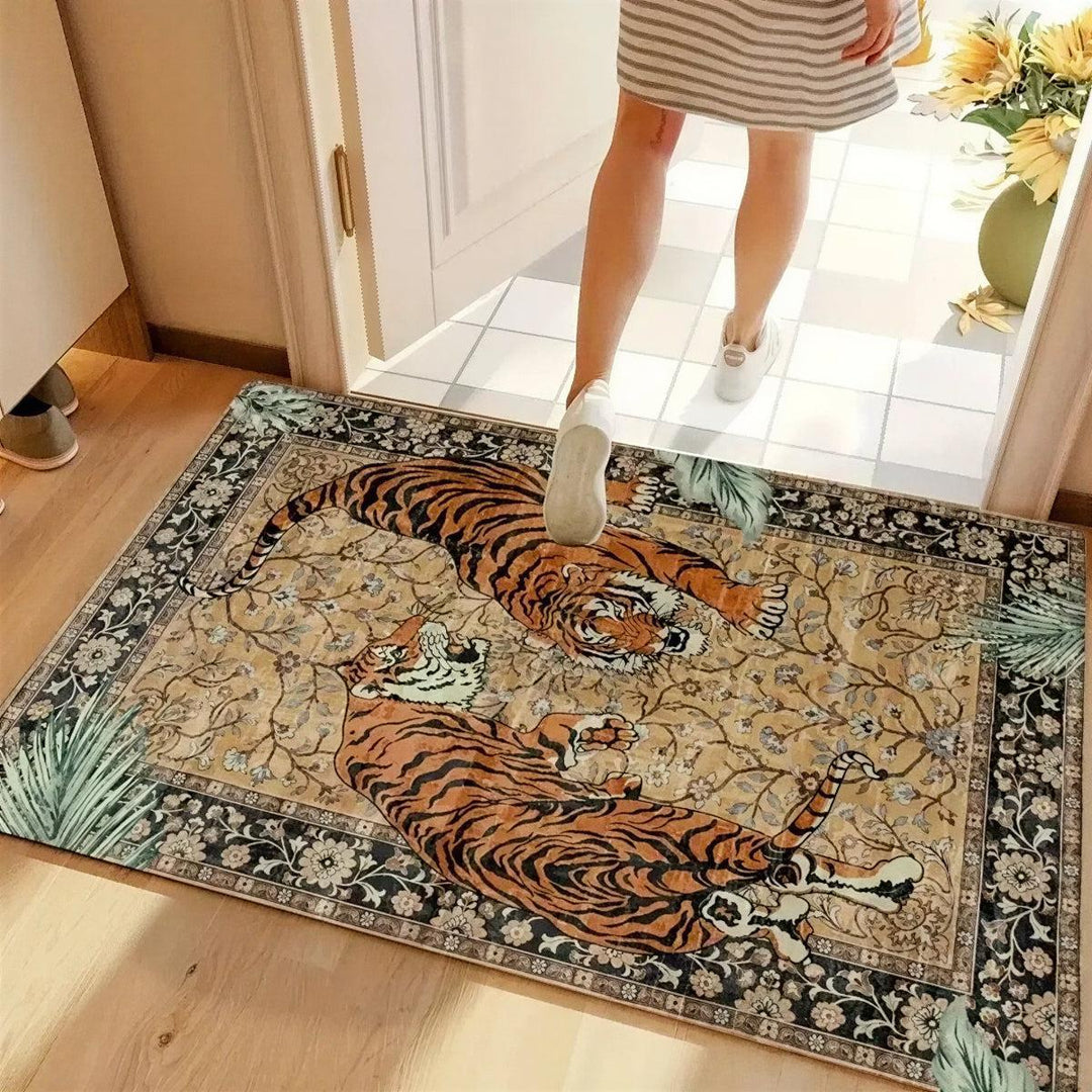 Machine Washable Tiger Botanical Living Room Rug