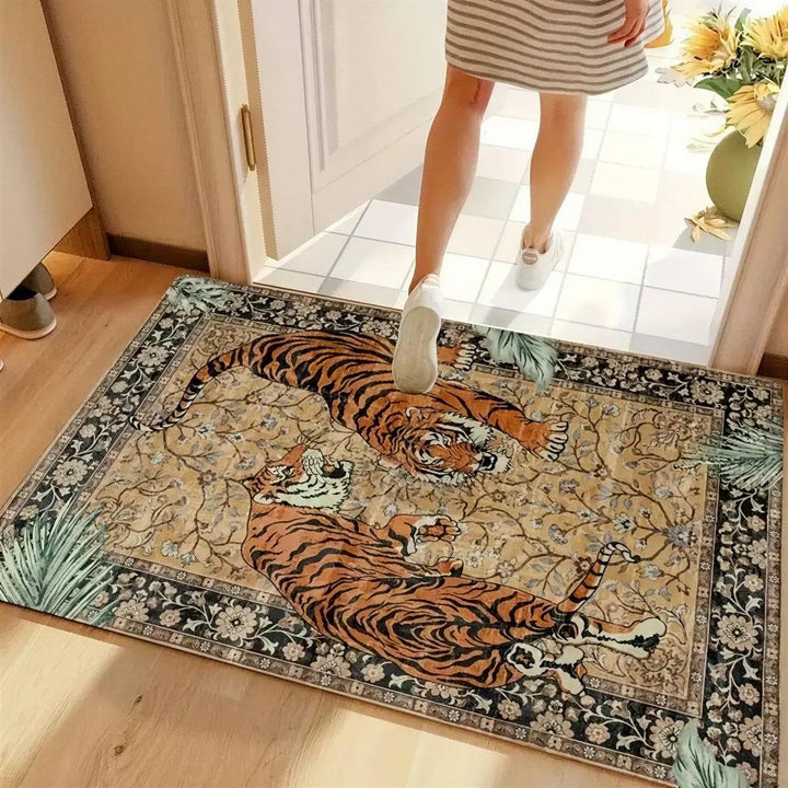 Machine Washable Tiger Botanical Living Room Rug