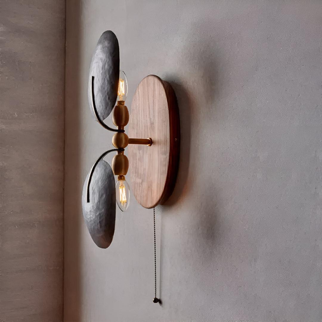 Mid Century Metal And Walnut Wall Lamp With Pull Chain
