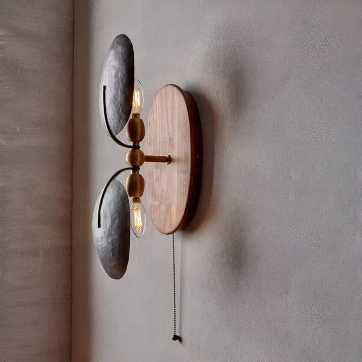 Mid Century Metal And Walnut Wall Lamp With Pull Chain