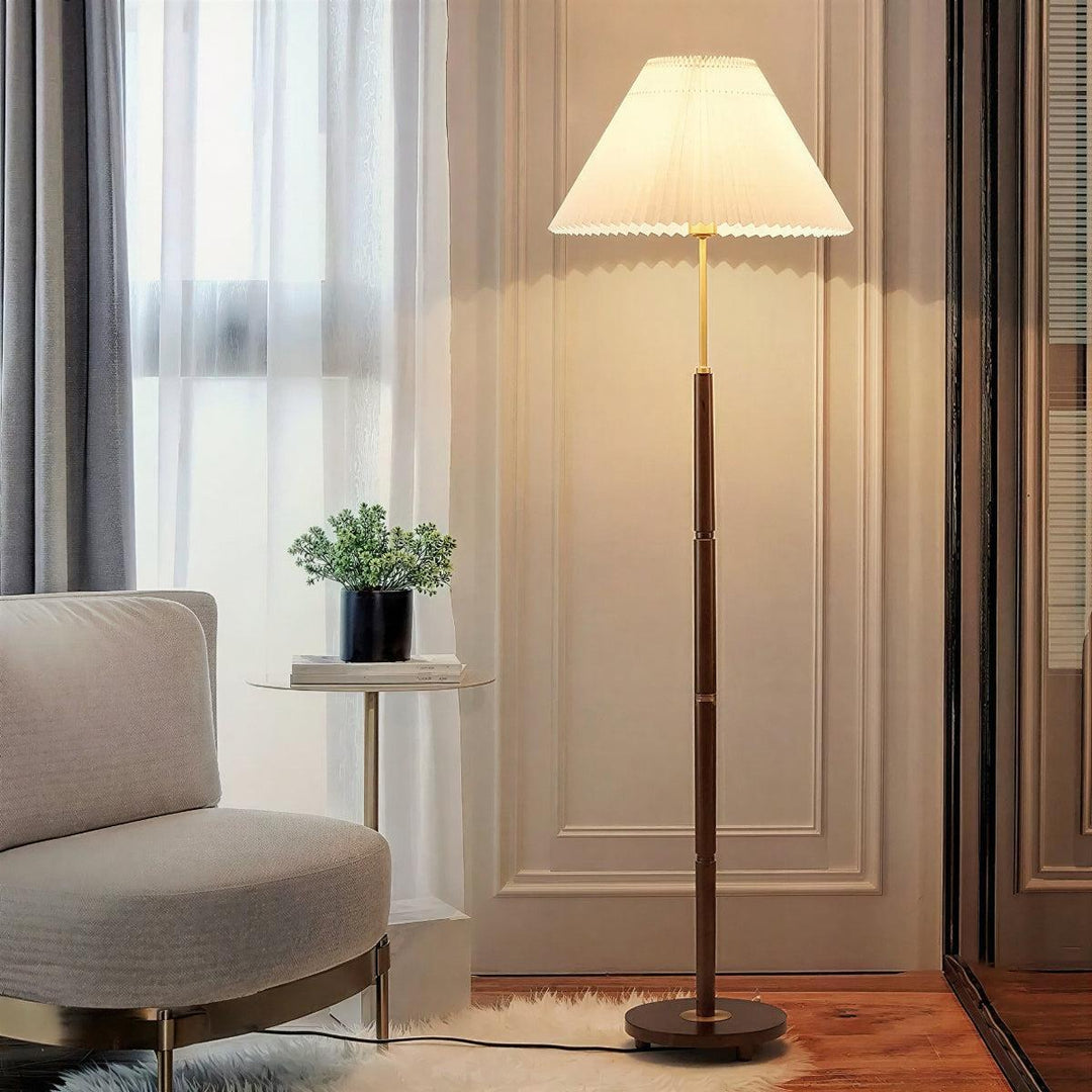 Mid Century Wooden Floor Lamp With Pleated Shade