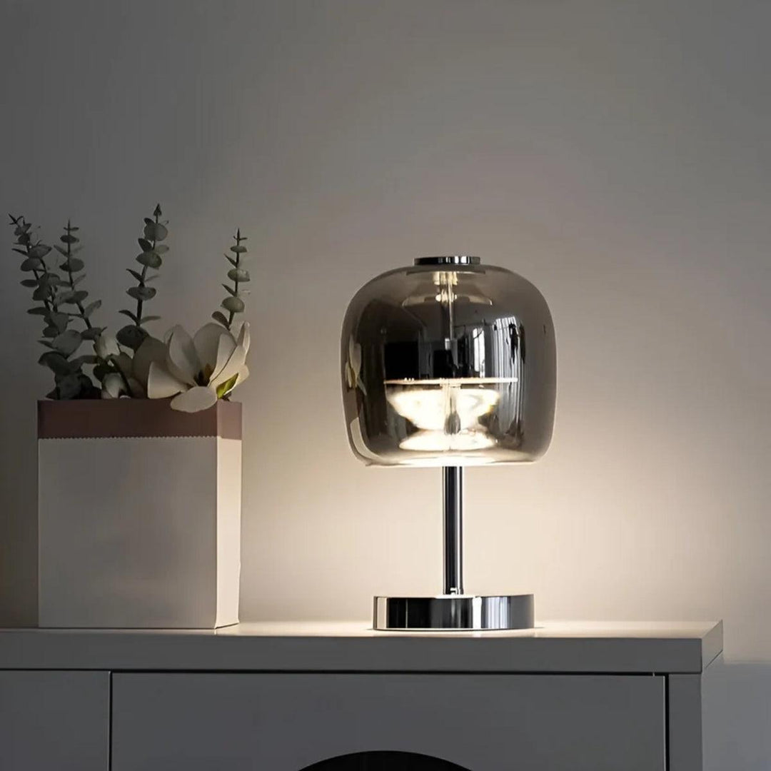 Modern Dimmable Bedside Table Lamp With Touch Control And Smoked Globe Shade