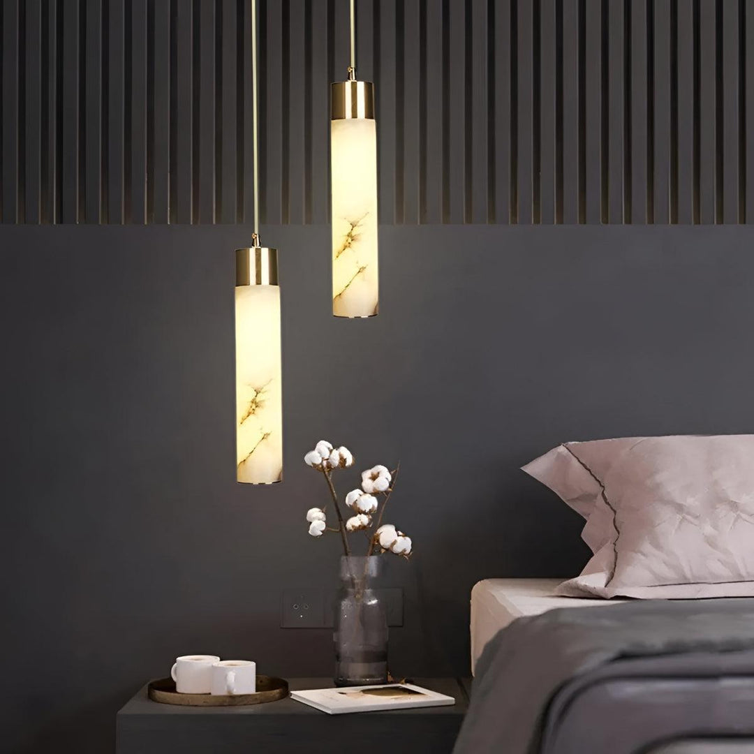 Modern Hanging Alabaster Pendant Light Fixture With Marbled Detail