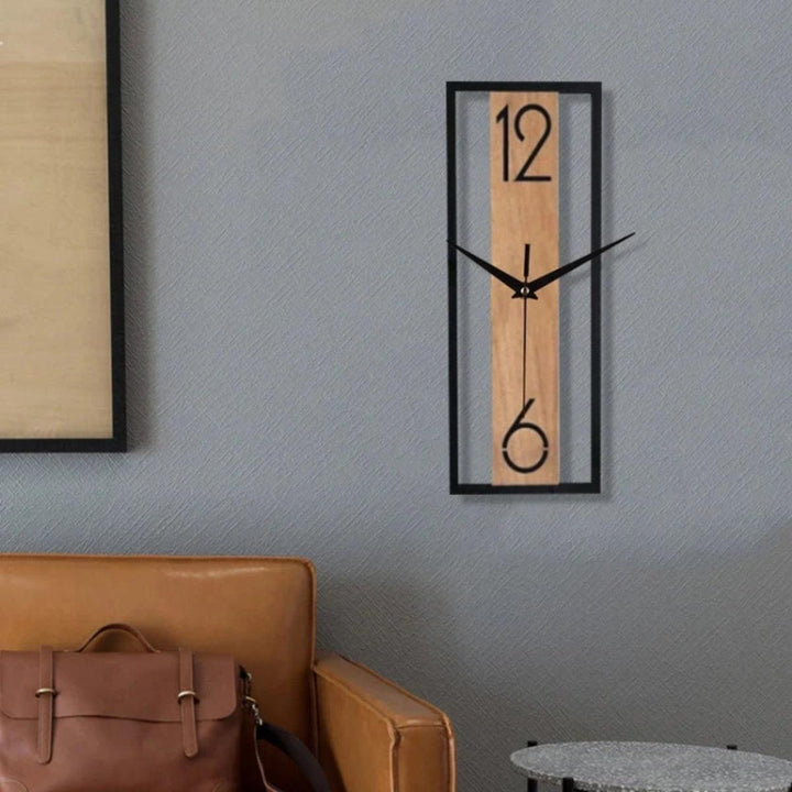 Slim Rectangular Silent Wall Clock With Wood And Metal Frame