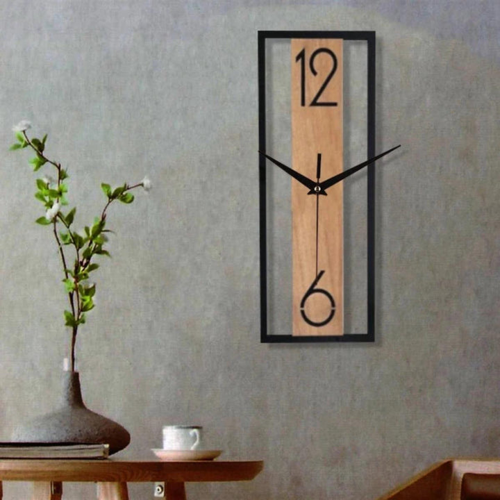 Slim Rectangular Silent Wall Clock With Wood And Metal Frame