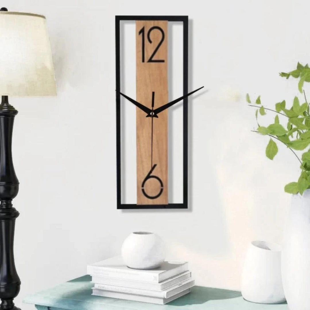 Slim Rectangular Silent Wall Clock With Wood And Metal Frame