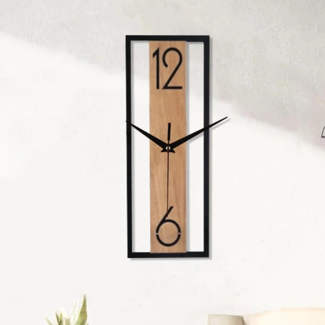 Slim Rectangular Silent Wall Clock With Wood And Metal Frame
